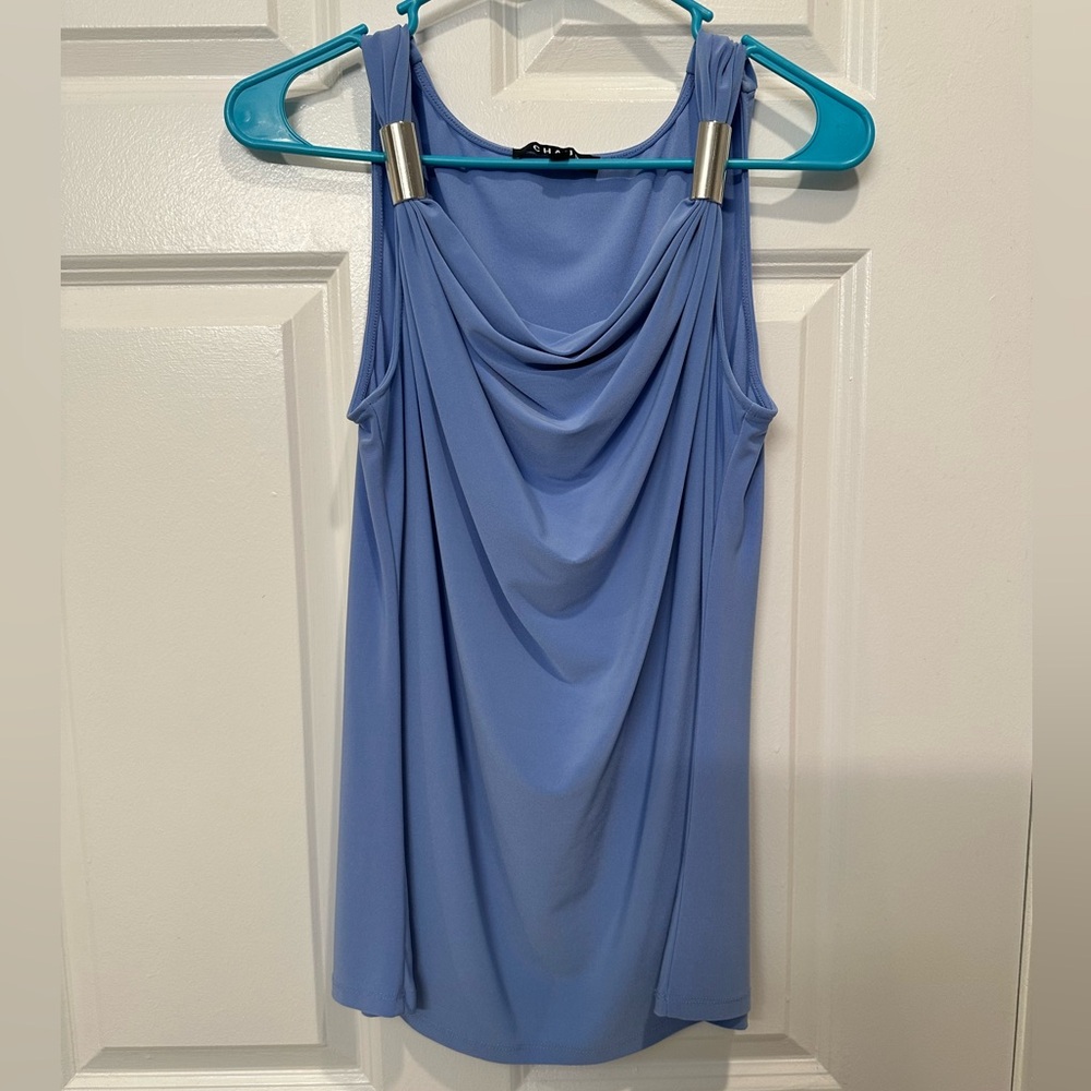 Chaus Sleeveless Blue Draped Blouse
